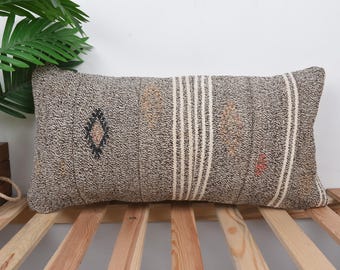 Home Decor Pillow, Pillow for Sofa, 12x24 Throw Kilim Pillow, Gift Pillow, Brown Pillow Cover, Rectangular Pillow, Patchwork Pillow,