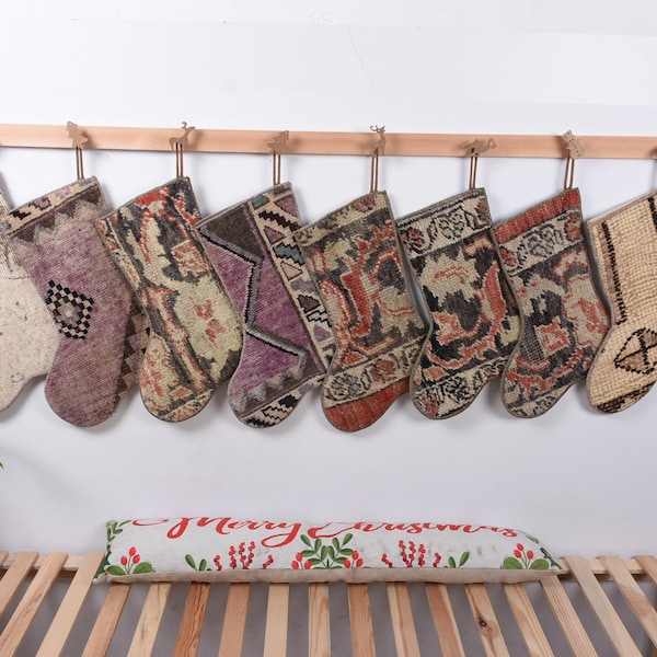 Rustic Christmas Stocking, Handmade Vintage Kilim Decor, Personalized Stocking, Unique Custom Stocking for Holiday Gift Giving
