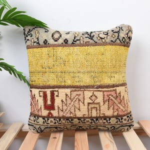 Kilim Pillow, Home Decor Pillow, 16x16 Antique Pillows, Boho Pillow, Yellow Pillow Cover, Patchwork Pillow, Rug Pillow,