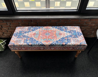 Handmade Ottoman Bench, Upholstered Wood Ottoman Bench, Handmade Furniture, Entry Bench, Aztec Upholstered Bench, Turkish Rug Bench,