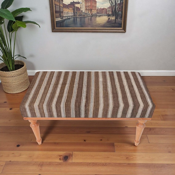 Brown And Beige Bench, Striped Kitchen Bench, Living Room Bench, Farmhouse Bench, Handmade Furniture, Piano Bench,