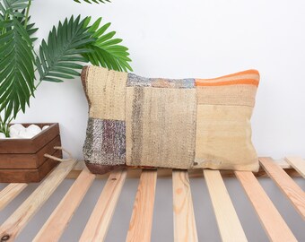 Antique Pillows, Pillow for Sofa, 12x20 Throw Kilim Pillows, Handmade Kilim Cushion, Beige Pillowcase, Rectangular Pillows, Patchwork Pillow