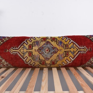 Żółty pokrowiec na lędźwie - Vintage ręcznie robiony długi pokrowiec na poduszkę lędźwiową 16 x 55 cali | Tribal Red Yellow Rug Pillow - 40 x 140 cm Wełniany akcent na sofę i łóżko