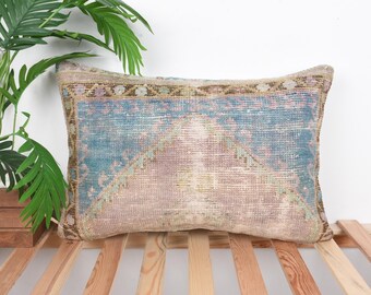 Kilim Cushion Sham, Kilim Pillow Cover, 16x24 Turkish Kilim Pillow, Throw Kilim Pillow, Blue Cushion, Handwoven Kilim Lumbar Pillow,