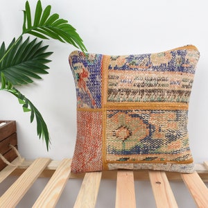 Turkish Pillow, Pillow for Sofa, 14x14 Pillow for Couch, Boho Pillow, Blue Pillow, Patchwork Pillow, Carpet Pillow, Retro Throw Cushion Case