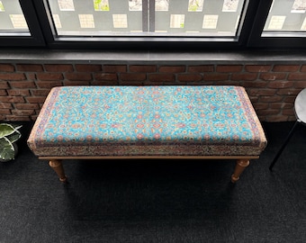 Turkish Rug Bench, Upholstered Wood Ottoman Bench, Handmade Ottoman Bench, Farmhouse Decor, Entry Bench, Aztec Upholstered Bench,