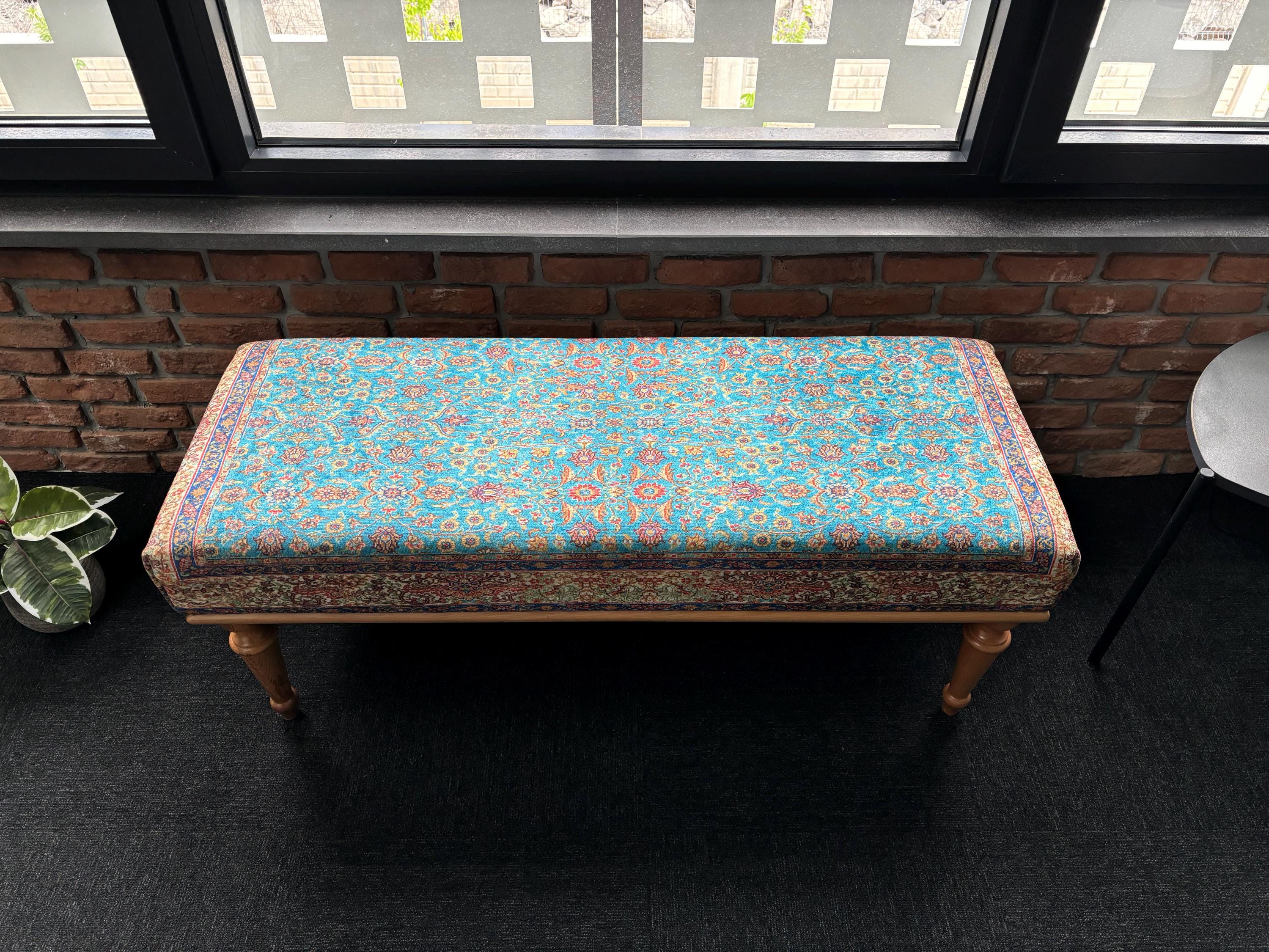 Turkish Rug Bench, Upholstered Wood Ottoman Bench, Handmade Ottoman Bench, Farmhouse Decor, Entry Bench, Aztec Upholstered Bench,
