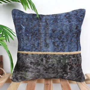Kilim Cushion Sham, Antique Pillows, 16x16 Vintage Pillow, Home Decor Pillow, Blue Pillow Cover, Patchwork Pillow, Hand Knotted Pillow,
