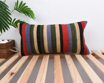 Ethnical Kilim Rug Pillow, Interior Designer Pillow, 12x24 Vintage Pillow, Boho Pillow, Blue Pillow, Bohemian Lumbar Pillow, Striped Pillow,