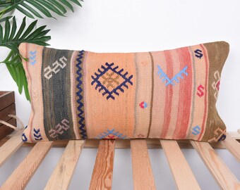 Pillow for Sofa, Vintage Kilim Throw Pillow, 12x24 Boho Pillow, Ethnical Kilim Rug Pillow, Orange Pillow Cover, Turkish Lumbar Pillow,