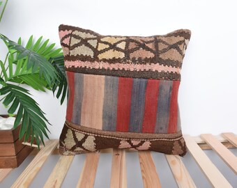 Vintage Kelim Kissen, Kissen für Sofa, 18x18 Boho Kissen, Vintage Kilim Dekokissen, Rosa Kissenbezug, Patchwork Kissen,