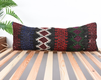 Cojín decorativo para el hogar, funda de almohada bohemia, almohada Kilim de 12x36, almohada para sofá, cojín azul, almohada lumbar del suroeste,