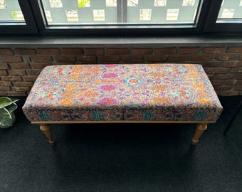 Handmade Ottoman Bench, Turkish Rug Bench, Farmhouse Decor, End Of Bed Bench, Aztec Upholstered Bench, Upholstered Wood Ottoman Bench,