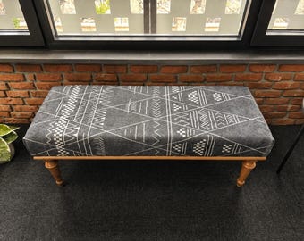 Handmade Ottoman Bench, Turkish Rug Bench, Farmhouse Decor, Long Rectangular Bench, Wood Ottoman Bench, Aztec Upholstered Bench,