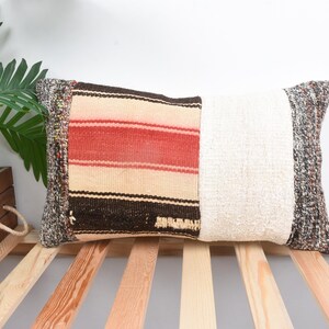Kilim Pillow Cover, Boho Pillow Sham Cover, 12x20 Pillow for Couch, Antique Pillows, Beige Pillow, Rustic Lumbar  Pillow, Patchwork Pillow,