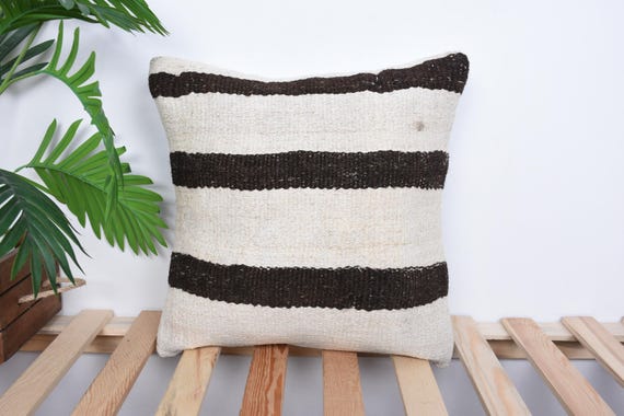 Ethnical Kilim Rug Pillow, Turkish Kilim Pillow, 16x16 Vintage Kilim Pillow, Pillow for Couch, White Cushion, Modern Striped Kilim  Pillow,