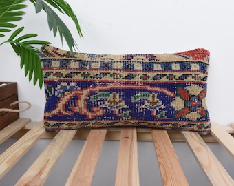 Boho Kissenbezug, Wohndekor-Kissen, 10x20 Kelim-Kissenbezug, Antike Kissen, Blauer Kissenbezug, Türkisches Lendenkissen, Teppichkissen,