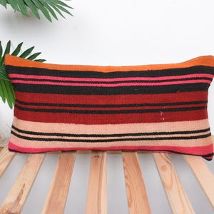 Ethnical Kilim Rug Pillow, Turkish Kilim Pillow, 12x24 Vintage Kilim Throw Pillow, Kilim Pillow, Pink Pillow Cover, Turkish Lumbar  Pillow,
