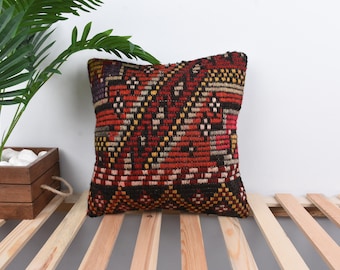 Turkish Kilim Pillow, Vintage Kilim Throw Pillow, 16x16 Antique Pillows, Turkish Pillow, Red Cushion, Authentic Handwoven Pillow,
