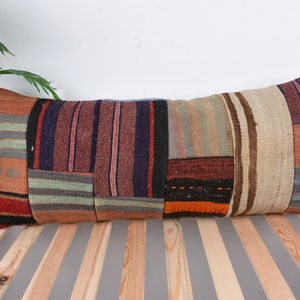Pillow for Couch, Vintage Kilim Pillow, 16x36 Boho Pillow, Pillow for Sofa, Red Pillow Cover, Patchwork Pillow, Contemporary Striped Pillow,
