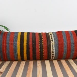 Pillow for Sofa, Kilim Pillow, 16x48 Kilim Cushion Sham, Handmade Kilim Cushion, Red Pillow, Bedding Pillow, Boho Stripe Pillow,