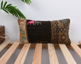 Handmade Kilim Cushion, Boho Pillow, 8x16 Pillow for Couch, Antique Pillows, Brown Cushion Case, Bohemian Lumbar Pillow, Patchwork Pillow,