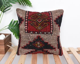 Turkish Pillow, Vintage Kilim Throw Pillow, 16x16 Antique Pillows, Ethnical Kilim Rug Pillow, Red Cushion Case, Rug Pillow, Antique Pillows,