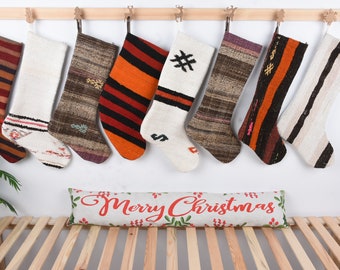 Turkish Kilim, Neutral Stocking, Vintage Stocking, Christmas Kilim Stockings, Family Stockings, Christmas Decor, Holiday Stocking,