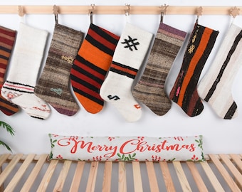 Turkish Kilim, Neutral Stocking, Vintage Stocking, Christmas Kilim Stockings, Family Stockings, Christmas Decor, Holiday Stocking,