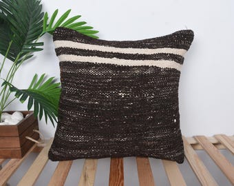 Vintage Kilim Pillow, Vintage Kilim Throw Pillow, 20x20 Turkish Pillow, Home Decor Pillow, Black Cushion, Classic Stripe Design Pillow,
