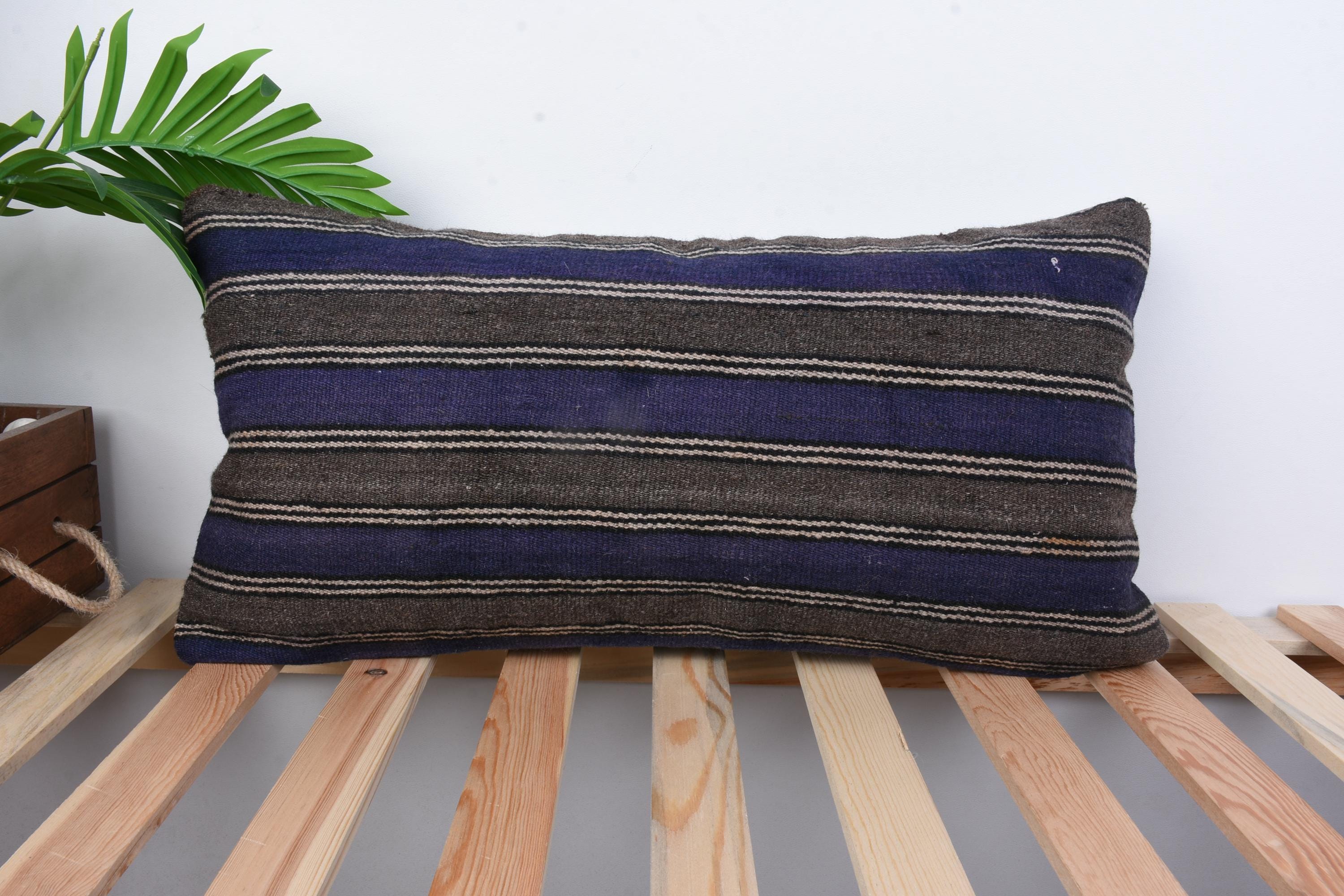 Pillow for Sofa, Home Decor Pillow, 12x24 Kilim Cushion Sham, Ethnical Kilim Rug Pillow, Blue Cushion, Lumbar Pillow, Boho Stripe Pillow,