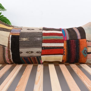 Throw Kilim Pillows, Boho Pillow Sham Cover, 16x36 Gift Pillows, Vintage Kilim Pillows, Brown Pillowcase, Lumbar Pillows, Patchwork Pillows,