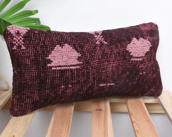 Turkish Kilim Pillow, Vintage Kilim Throw Pillow, 8x16 Turkish Pillow, Gift Pillow, Overdyed Purple Pillow Cover, Bohemian Lumbar Pillow,