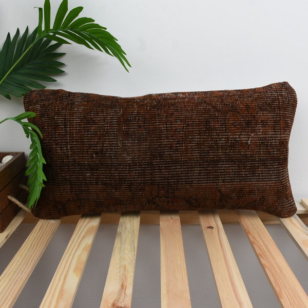 Pillow for Sofa, Interior Designer Pillow, 12x24 Throw Kilim Pillow, Kilim Cushion Sham, Brown Pillow, Door Stopper Pillow, Textured Pillow,