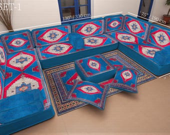 Sofá de suelo turco tradicional turquesa, asientos modulares étnicos, sofá con motivos tradicionales de Anatolia, sofá seccional para sala de estar.
