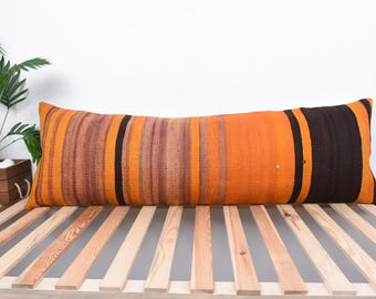 Ethnical Kilim Rug Pillow, Vintage Kilim Pillow, 16x48 Antique Pillows, Pillow for Couch, Orange Pillow, Bohemian Lumbar Pillow,