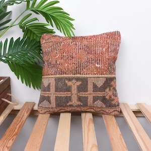 Vintage Kilim Throw Pillow, Handmade Kilim Cushion, 14x14 Antique Pillows, Gift Pillow, Brown Pillow, Patchwork Pillow,