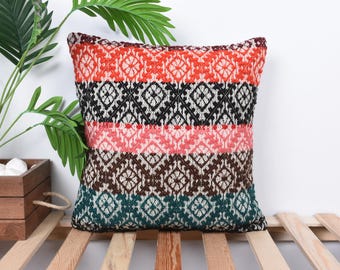 Home Decor Pillow, Ethnical Kilim Rug Pillow, 16x16 Boho Pillow, Interior Designer Pillow, Pink Pillow, Authentic Handwoven Pillow,