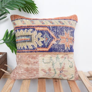 Throw Kilim Pillow, Pillow for Sofa, 16x16 Home Decor Pillow, Vintage Pillow, Blue Cushion Case, Patchwork Pillow, Hand Knotted Pillow,