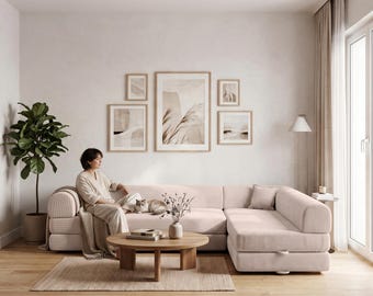 Canapé d'angle modulable, canapé lounge crème, méridienne profonde, mobilier de salon bas, sièges modernes pour appartement