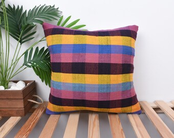 Cojín Kilim hecho a mano, almohada de diseño de interiores, almohada de 18x18 para sofá, almohada para sillón, funda de almohada rosa, almohada Kilim de rayas bohemias,