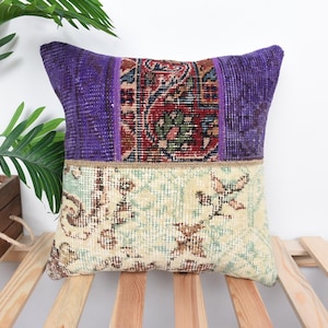Antique Pillows, Boho Pillow Sham Cover, 16x16 Ethnical Kilim Rug Pillow, Kilim Cushion Sham, Purple Cushion, Patchwork Pillow, Home Decor,