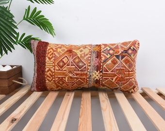 Gift Pillow, Handmade Kilim Cushion, 12x24 Kilim Pillow, Ethnical Kilim Rug Pillow, Red Pillow Cover, Rectangular Pillow, Patterned Pillow,