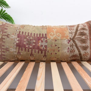 Handmade Kilim Cushion, Boho Pillows, 16x36 Pillow for Couch, Vintage Kilim Throw Pillows, Red Pillow Cover, Patchwork Patterned Pillows,