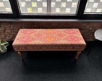 Turkish Rug Bench, Aztec Upholstered Bench, Handmade Ottoman Bench, Farmhouse Decor, End Of Bed Bench, Upholstered Wood Ottoman Bench,