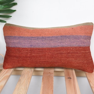 Home Decor Pillow, Turkish Kilim Pillow, 8x16 Boho Pillow, Ethnical Kilim Rug Pillow, Purple Cushion Case, Southwestern Lumbar  Pillow,