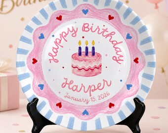 Custom Happy Birthday Plate, Personalized Kids Birthday Ceramic Plate, Colorful Scalloped Cake Plate, First Birthday Gift Decor P727NRQ0