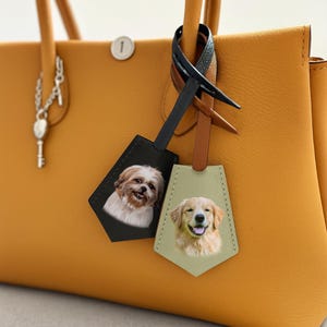 Custom Pet Portrait Leather Bag Tag, Handmade Dog Memorial Charm, Personalized Pet Leather Keychain Accessory, Purse or Luggage LWH717IIV0