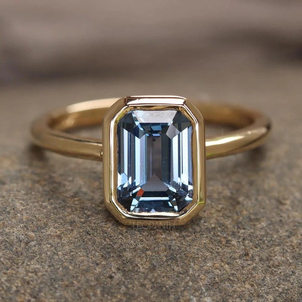 Blue Teal Sapphire Ring, Emerald Cut Stone Ring, Bezel Ring, Promise Ring, Engagement Ring, Wedding Ring, Anniversary Ring, Bridal Ring
