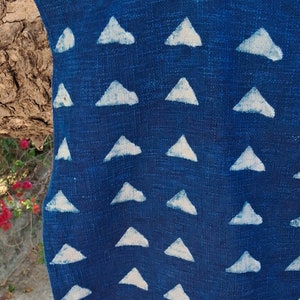 May include: Close-up of a blue fabric with a repeating pattern of white triangles. The fabric has a textured appearance, and the triangles are evenly spaced across the surface. The color is a deep, rich blue.